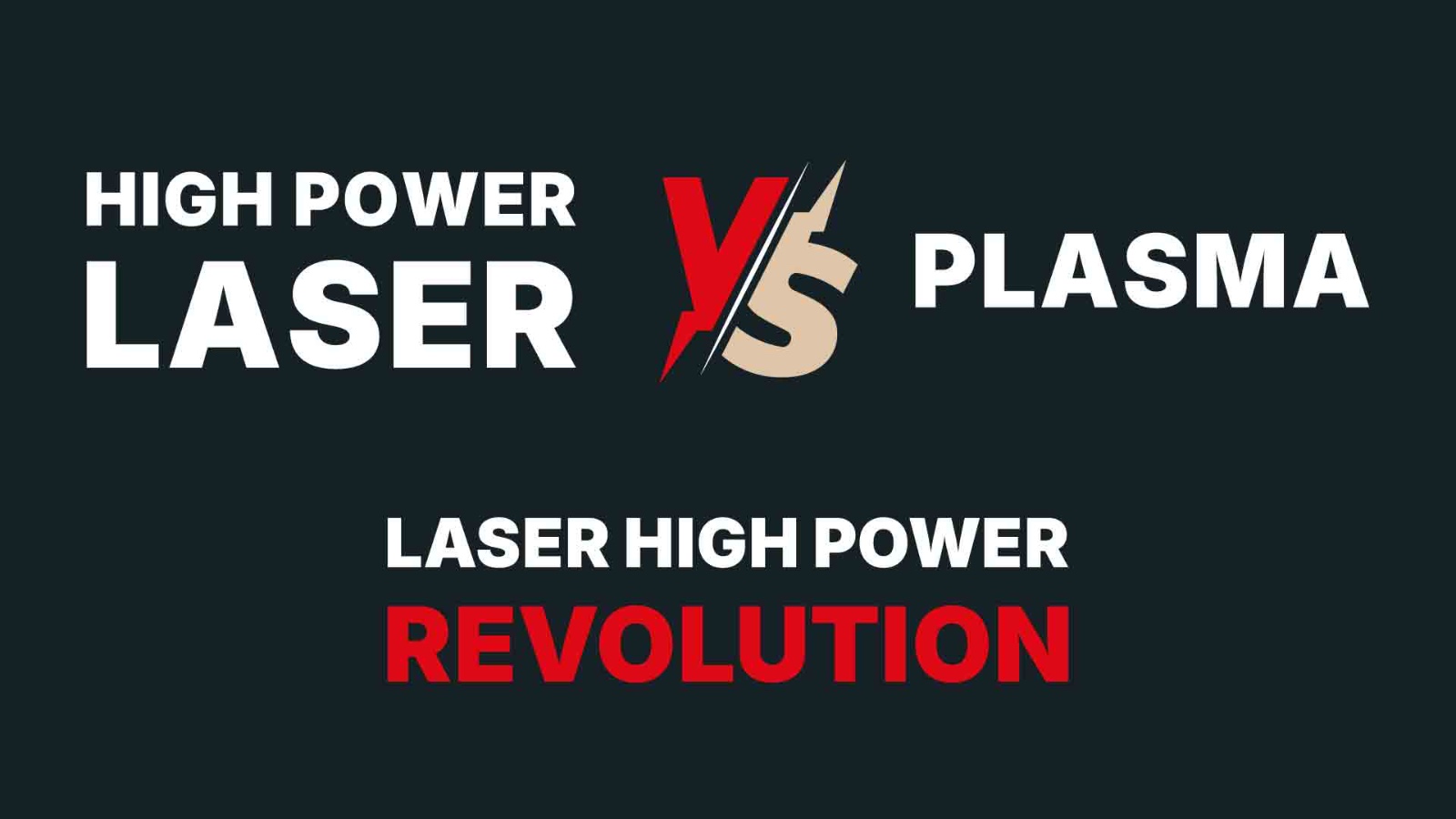 Cutlite Penta Grafik auf dunkelgrauem Grund mit dem Text HIGH POWER LASER VS PLASMA und darunter LASER HIGH POWER REVOLUTION in Rot