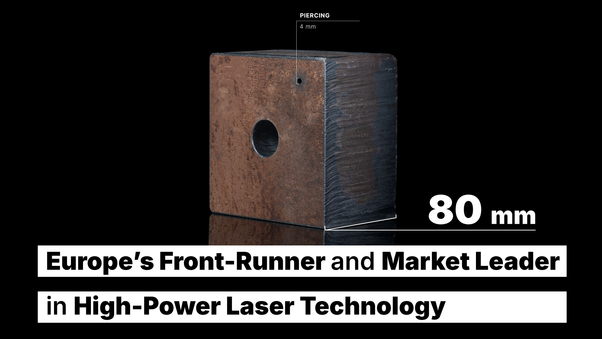 Un blocco da 80 mm tagliato al laser, con lo sfondamento da 4 mm indicato in alto