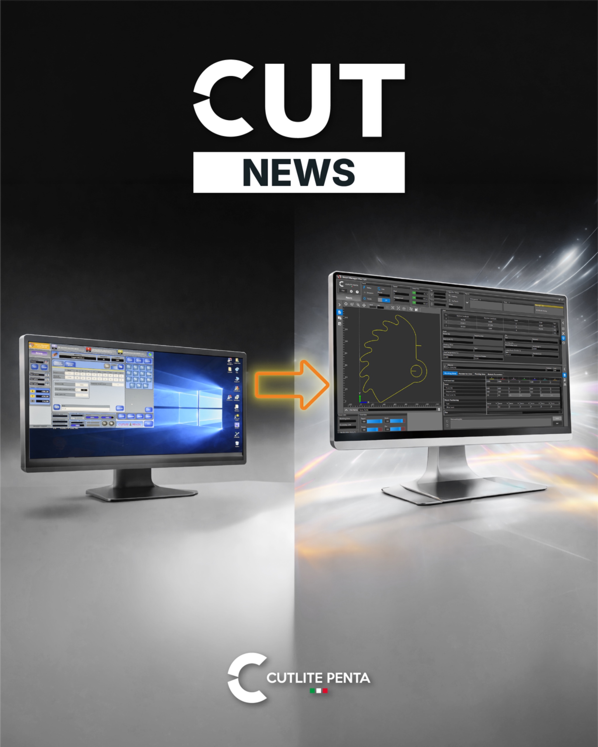 Arte com dois monitores: a antiga interface de controle e a nova interface do Smart Manager Plus