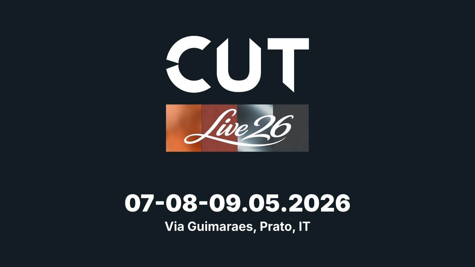 Visuel CUTLIVE26 avec les dates du 7 au 9 mai 2026 et l'adresse de via Guimaraes à Prato